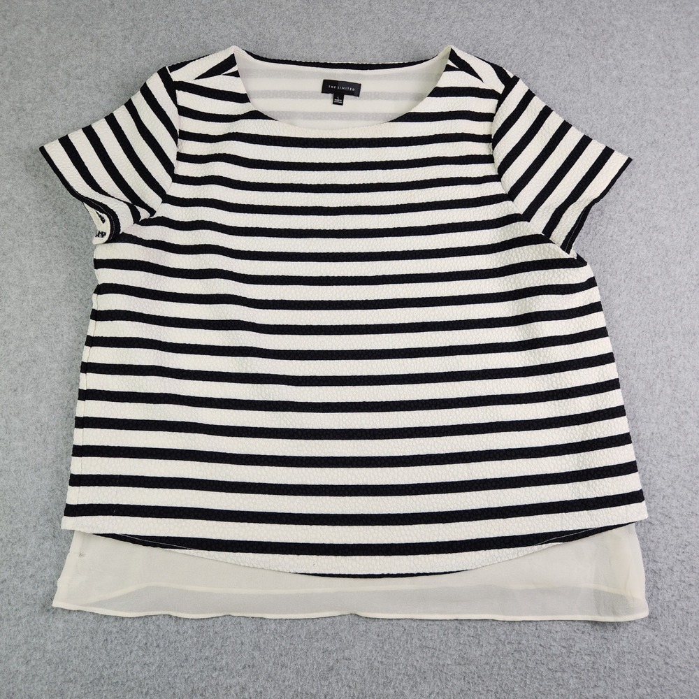 The Limited Blouse Top Womens Large‎ Black White Striped Layered Short Sleeve